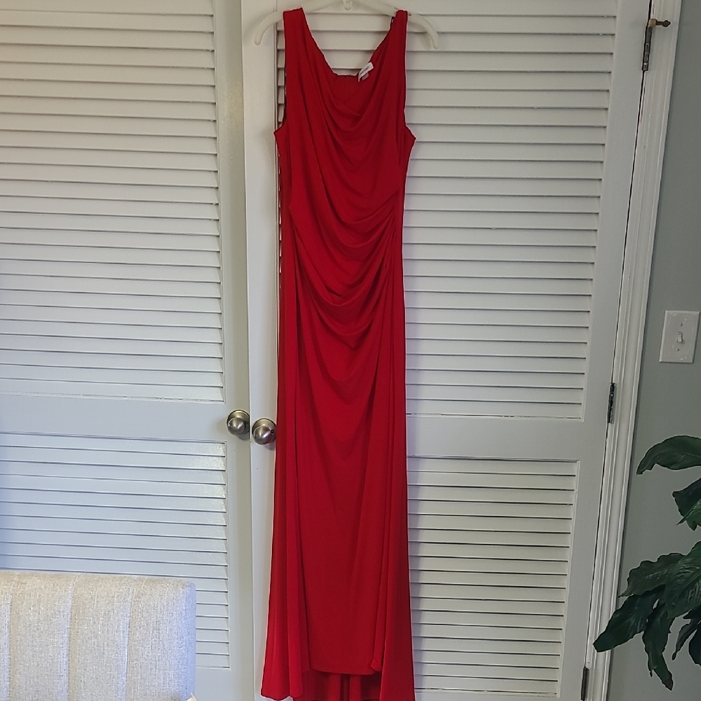 Calvin Klein Red Draped Cowl-Neck Evening Gown